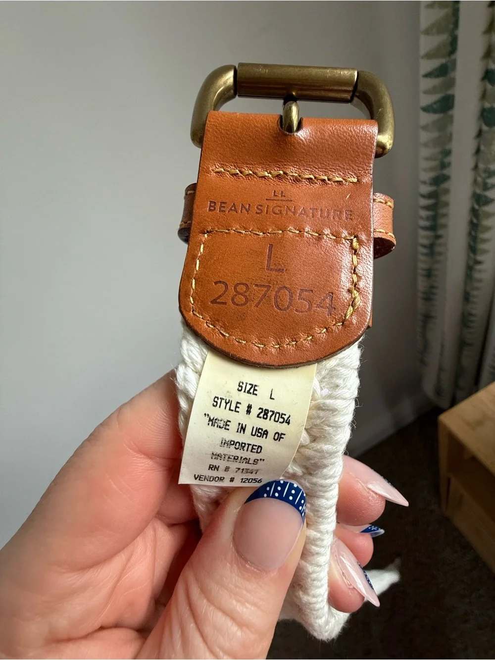 L.L. Bean Cream Braided Rope Belt with Brown Leather Trim